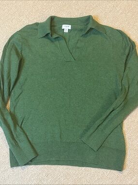 J. Crew Green Collared V-Neck Pullover Sweater XS Soft Lightweight Polo